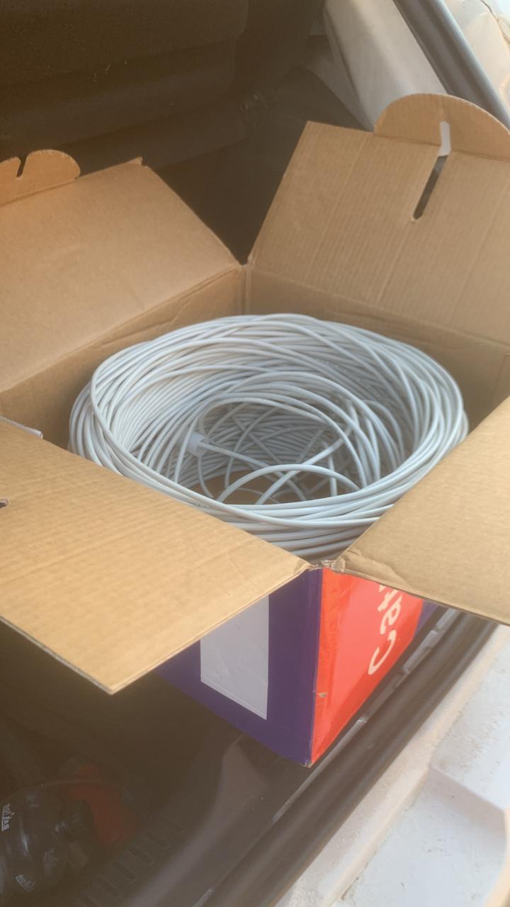 Boxed coil of Cat6 network cable delivered to site